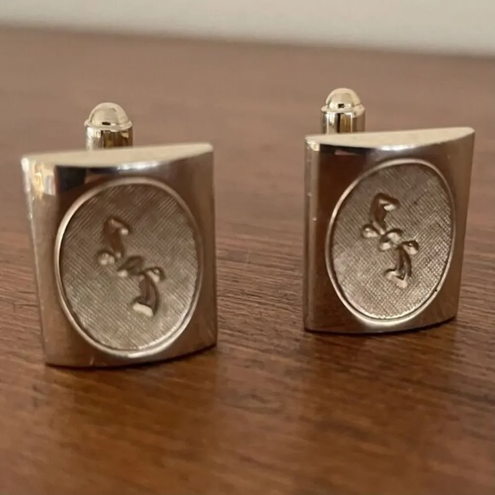 Vintage Gold Tone Etched Curved Square Cufflink Set Rough And Smooth Surface